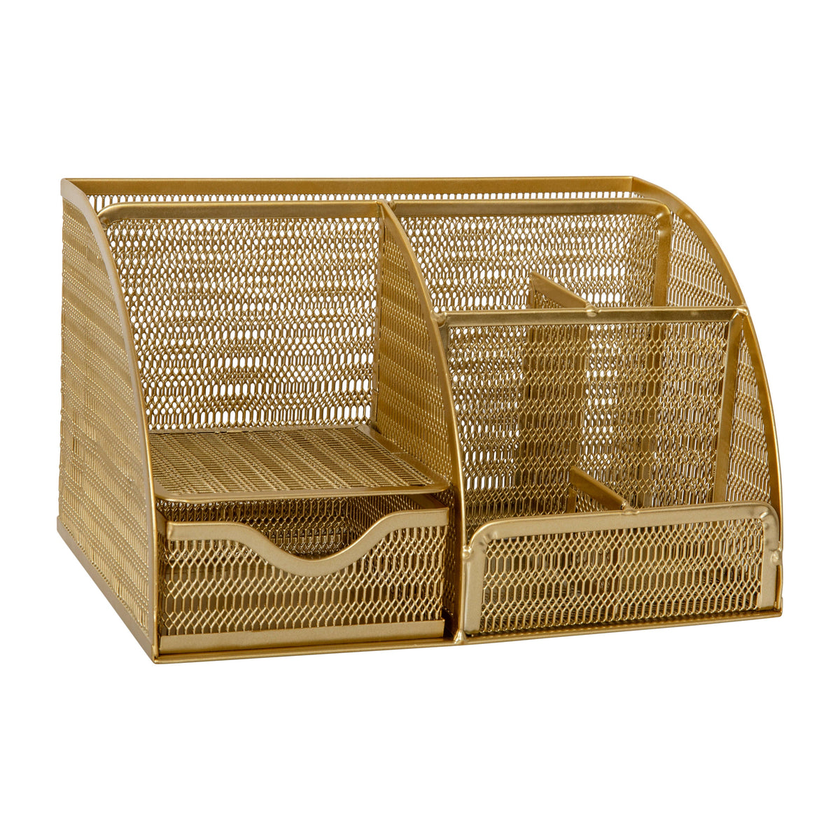 Premium Small Mesh Metal Desktop Storage Organizer With Drawer in Gold