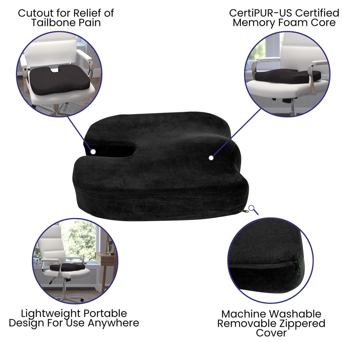 Black Contoured Office Chair Cushion - Certi-PUR US Certified 100% Memory Foam