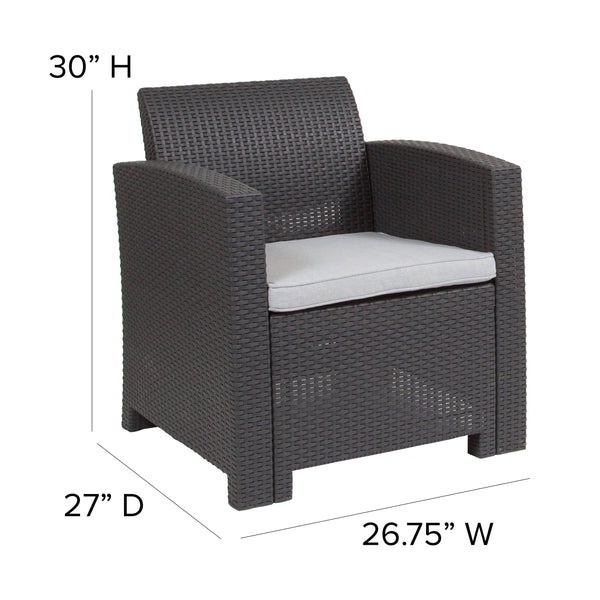 Dark Gray |#| Dark Gray Faux Rattan Chair with All-Weather Light Gray Cushion - Patio Chair