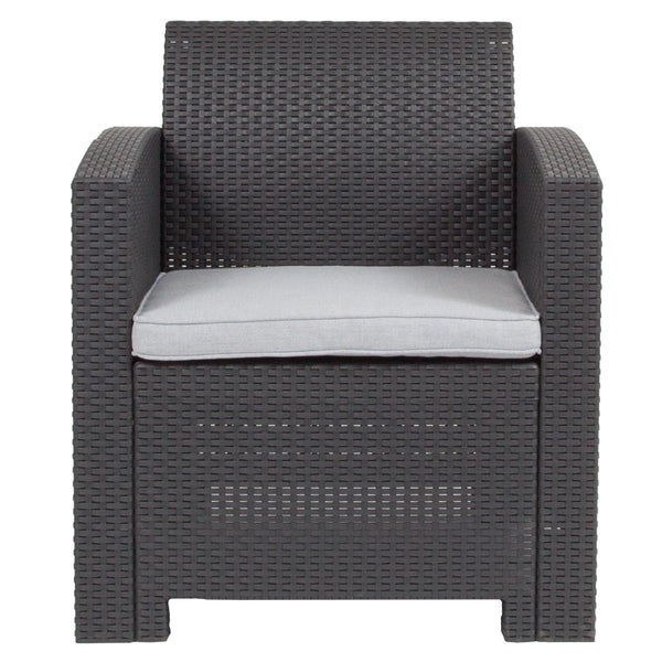 Dark Gray |#| Dark Gray Faux Rattan Chair with All-Weather Light Gray Cushion - Patio Chair