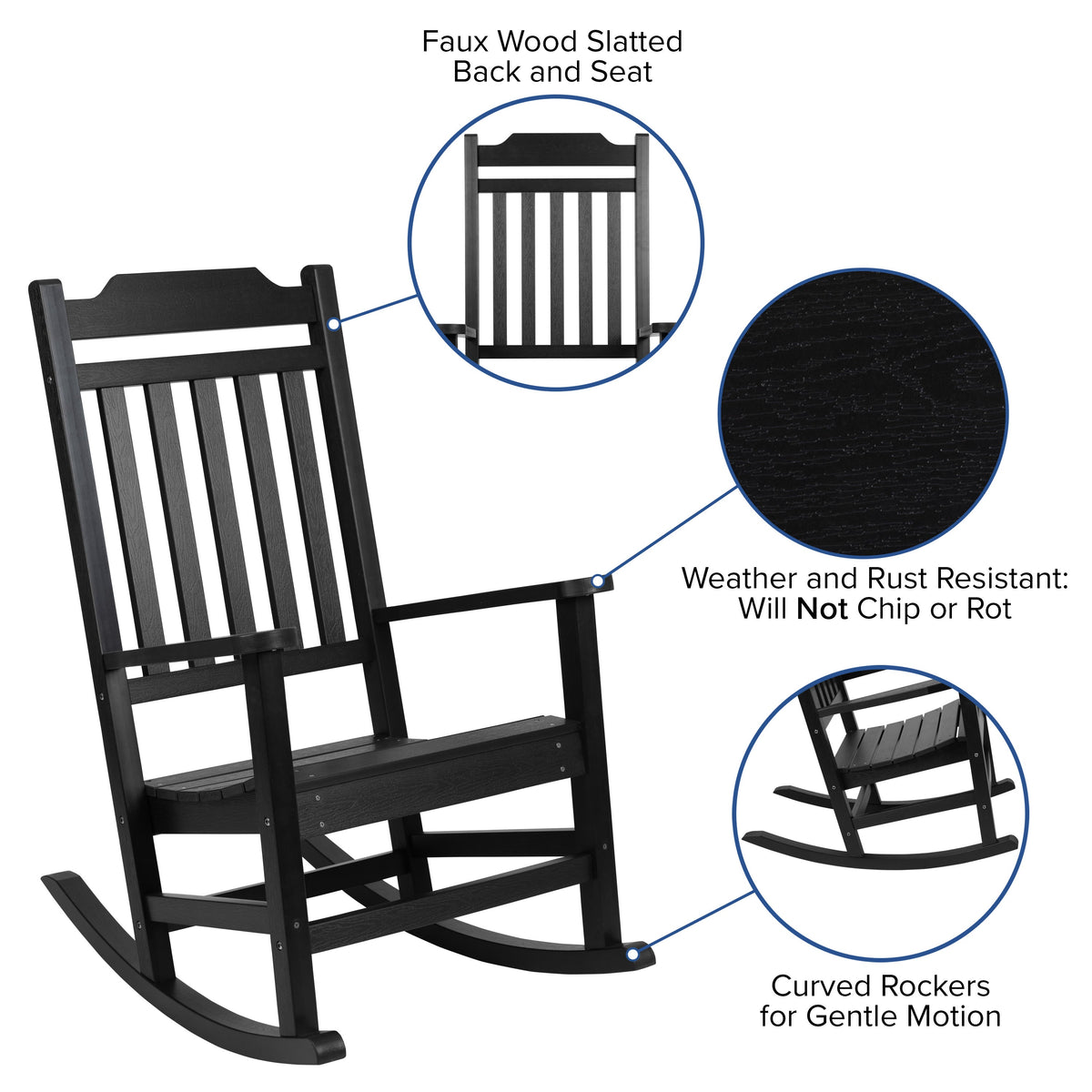 Black |#| 2 Pack All-Weather Rocking Chair in Black Faux Wood - Patio and Yard Furniture