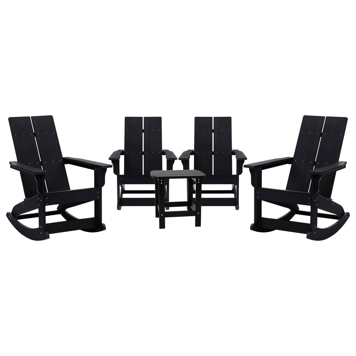 Black |#| 4 Black Modern Dual Slat Poly Resin Adirondack Rocking Chairs with 1 Side Table