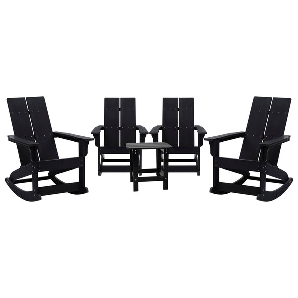 Black |#| 4 Black Modern Dual Slat Poly Resin Adirondack Rocking Chairs with 1 Side Table