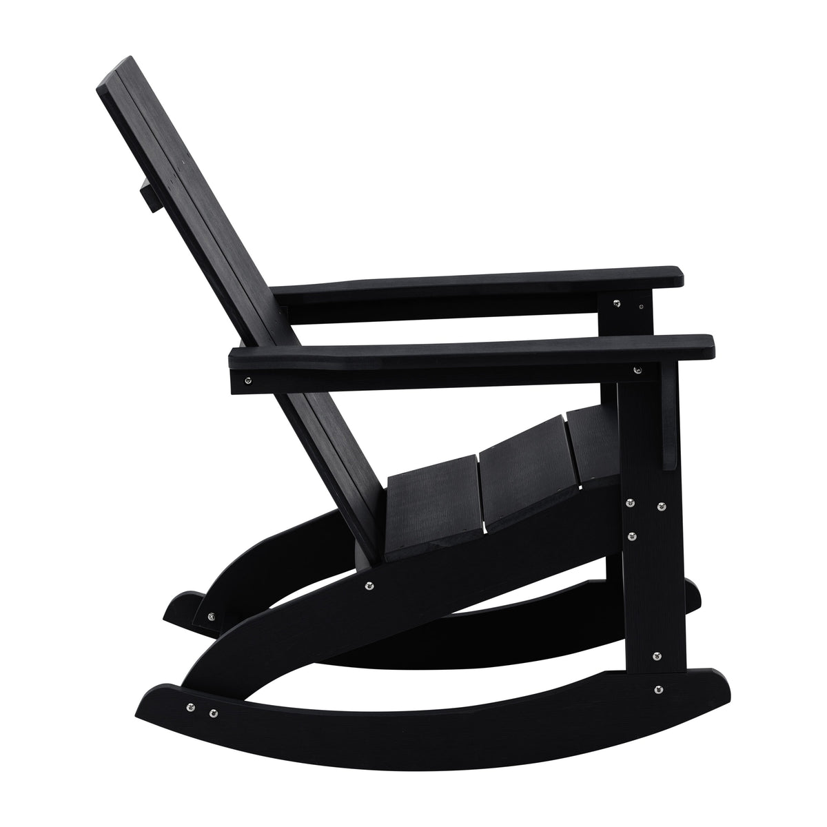 Black |#| 4 Black Modern Dual Slat Poly Resin Adirondack Rocking Chairs with 1 Side Table