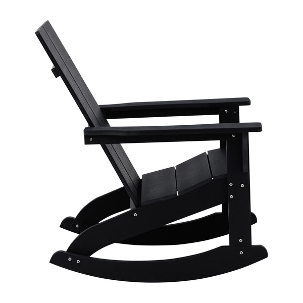 Black |#| 4 Black Modern Dual Slat Poly Resin Adirondack Rocking Chairs with 1 Side Table