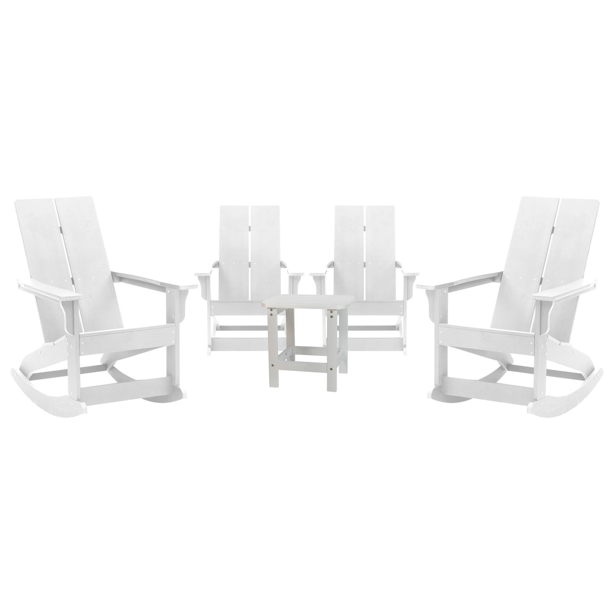 White |#| 4 White Modern Dual Slat Poly Resin Adirondack Rocking Chairs with 1 Side Table