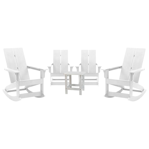 White |#| 4 White Modern Dual Slat Poly Resin Adirondack Rocking Chairs with 1 Side Table