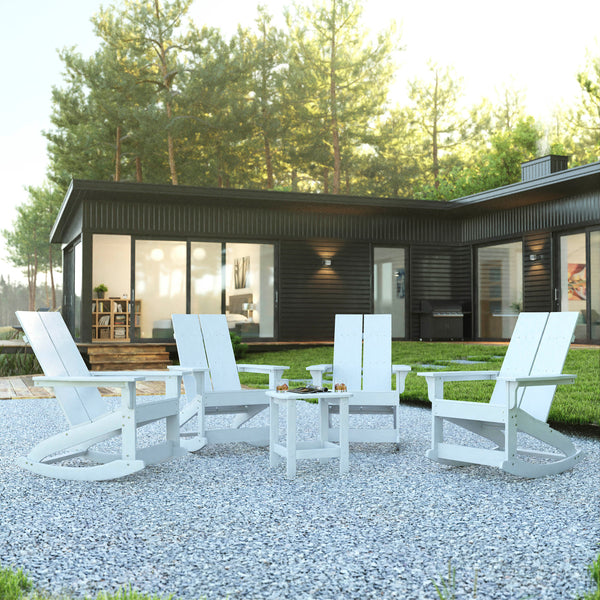 White |#| 4 White Modern Dual Slat Poly Resin Adirondack Rocking Chairs with 1 Side Table