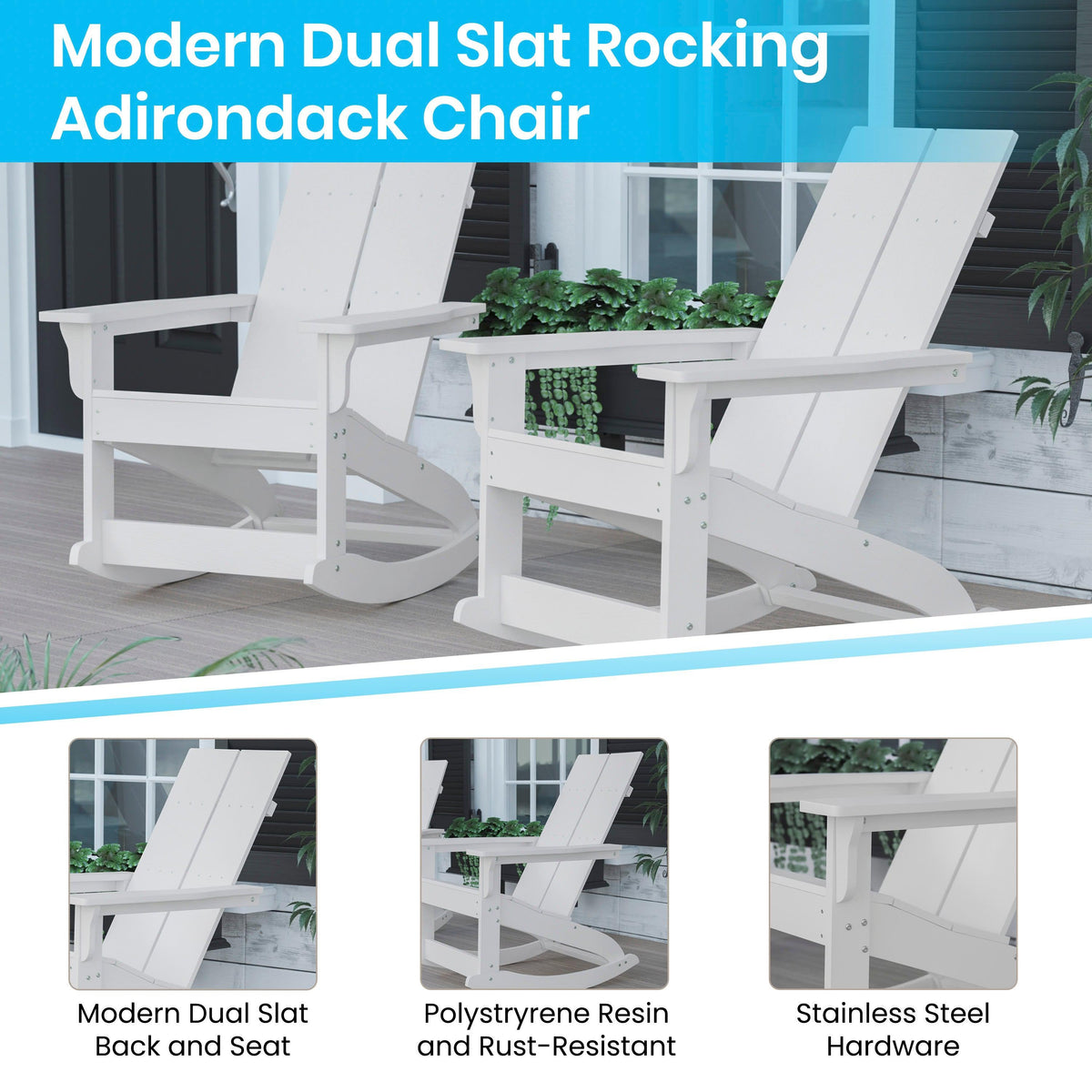 White |#| 4 White Modern Dual Slat Poly Resin Adirondack Rocking Chairs with 1 Side Table