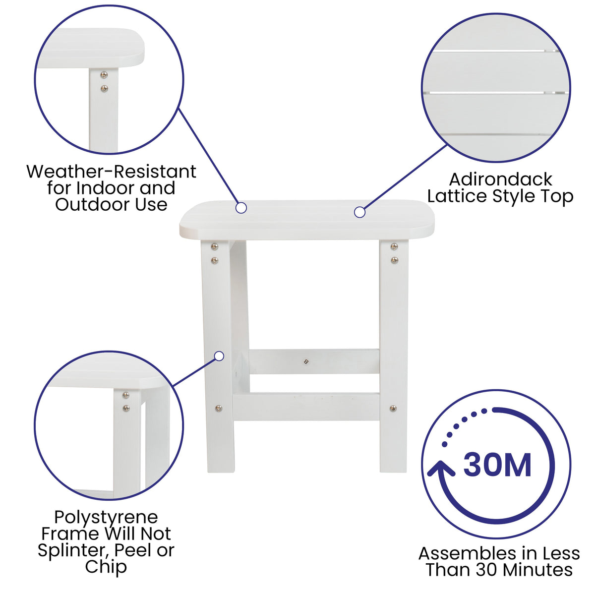 White |#| 4 White Modern Dual Slat Poly Resin Adirondack Rocking Chairs with 1 Side Table