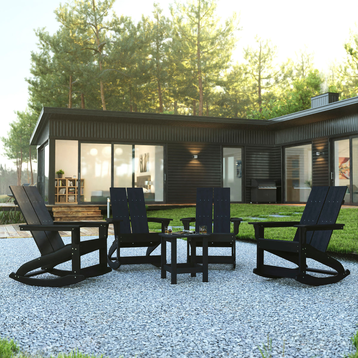Black |#| 4 Black Modern Dual Slat Poly Resin Adirondack Rocking Chairs with 1 Side Table