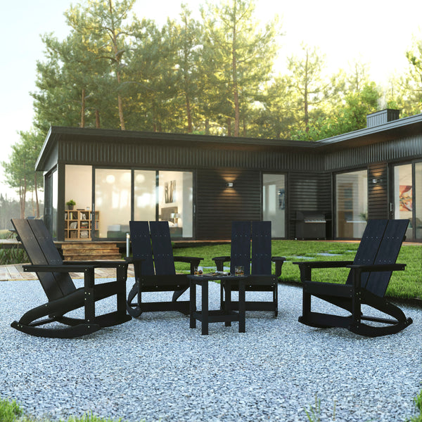 Black |#| 4 Black Modern Dual Slat Poly Resin Adirondack Rocking Chairs with 1 Side Table
