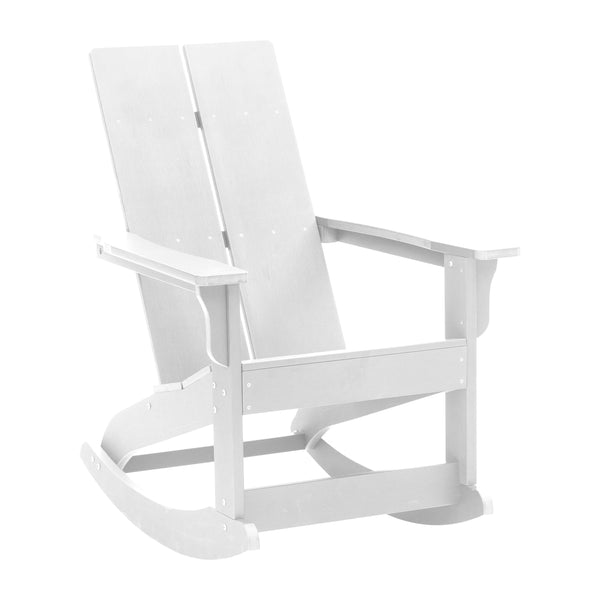 White |#| 4 White Modern Dual Slat Poly Resin Adirondack Rocking Chairs with 1 Side Table