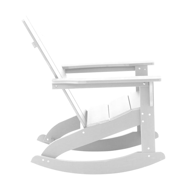 White |#| 4 White Modern Dual Slat Poly Resin Adirondack Rocking Chairs with 1 Side Table