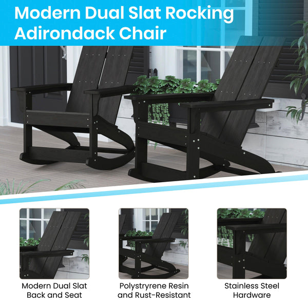 Black |#| 4 Black Modern Dual Slat Poly Resin Adirondack Rocking Chairs with 1 Side Table