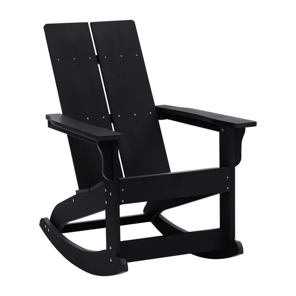 Black |#| 4 Black Modern Dual Slat Poly Resin Adirondack Rocking Chairs with 1 Side Table