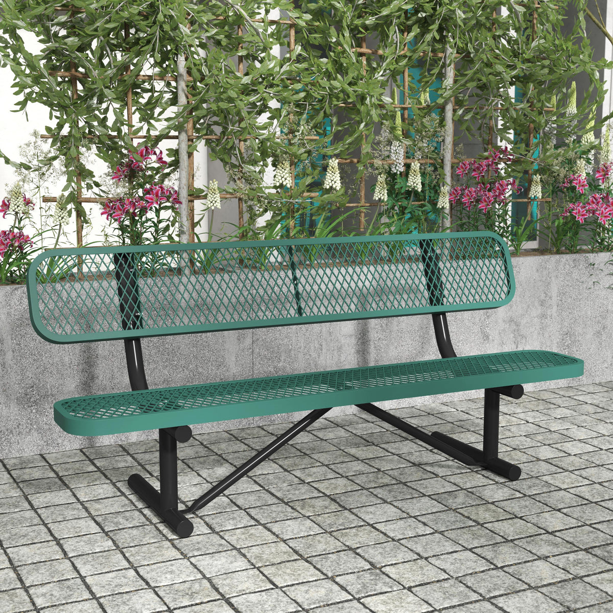 Green |#| Commercial Grade 6' Expanded Mesh Metal Outdoor Bench with Anchors in Green