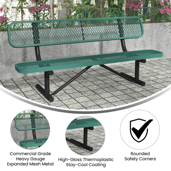 Green |#| Commercial Grade 6' Expanded Mesh Metal Outdoor Bench with Anchors in Green