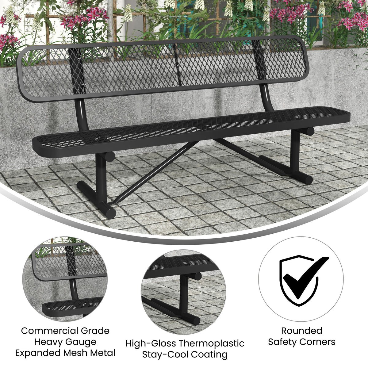 Black |#| Commercial Grade 6' Expanded Mesh Metal Outdoor Bench with Anchors in Black