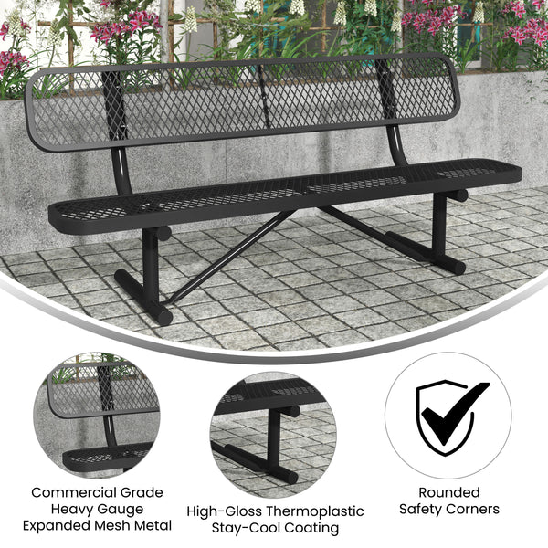 Black |#| Commercial Grade 6' Expanded Mesh Metal Outdoor Bench with Anchors in Black