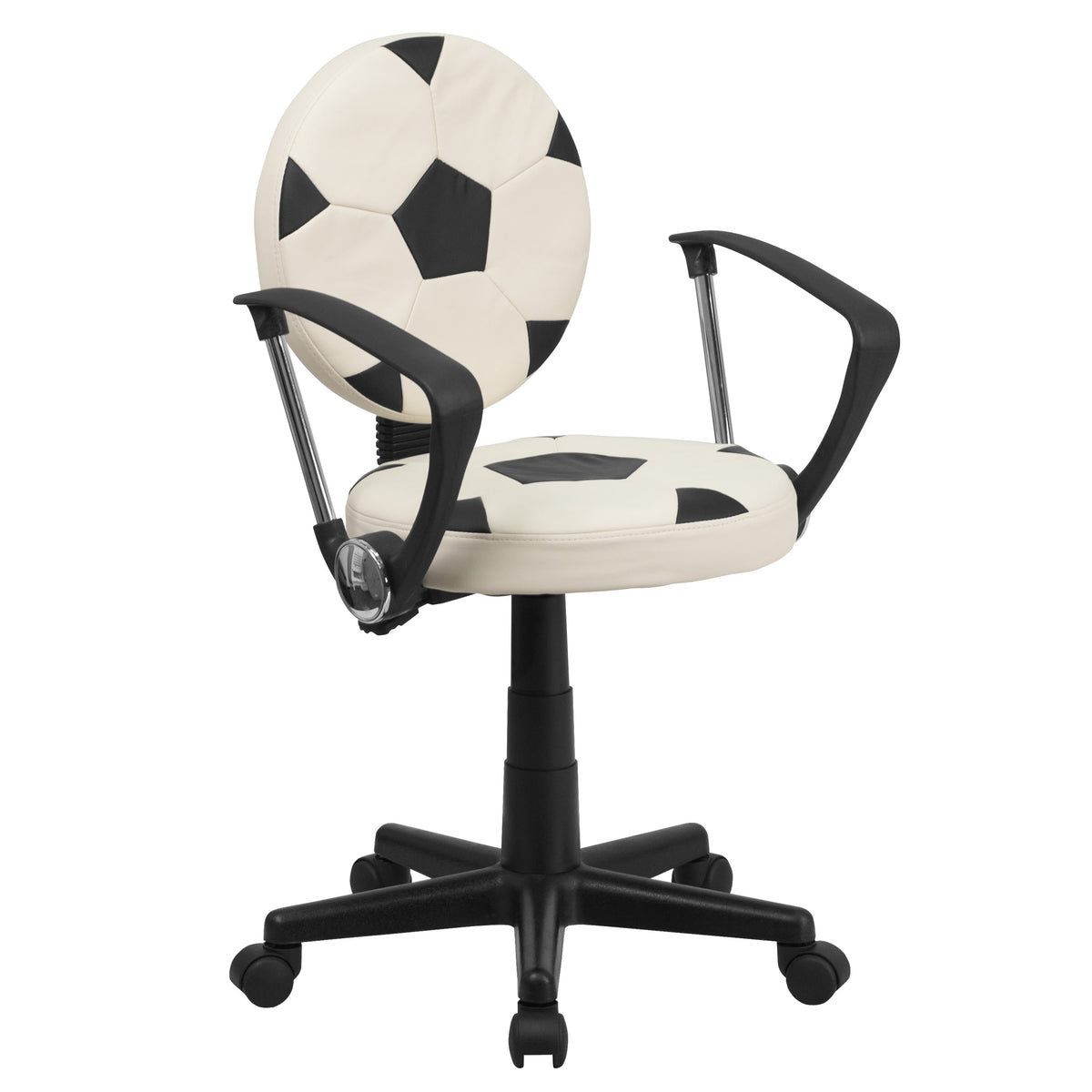 Black and White |#| Soccer Vinyl Upholstered Swivel Task Office Chair w/ Arms and Adjustable Height