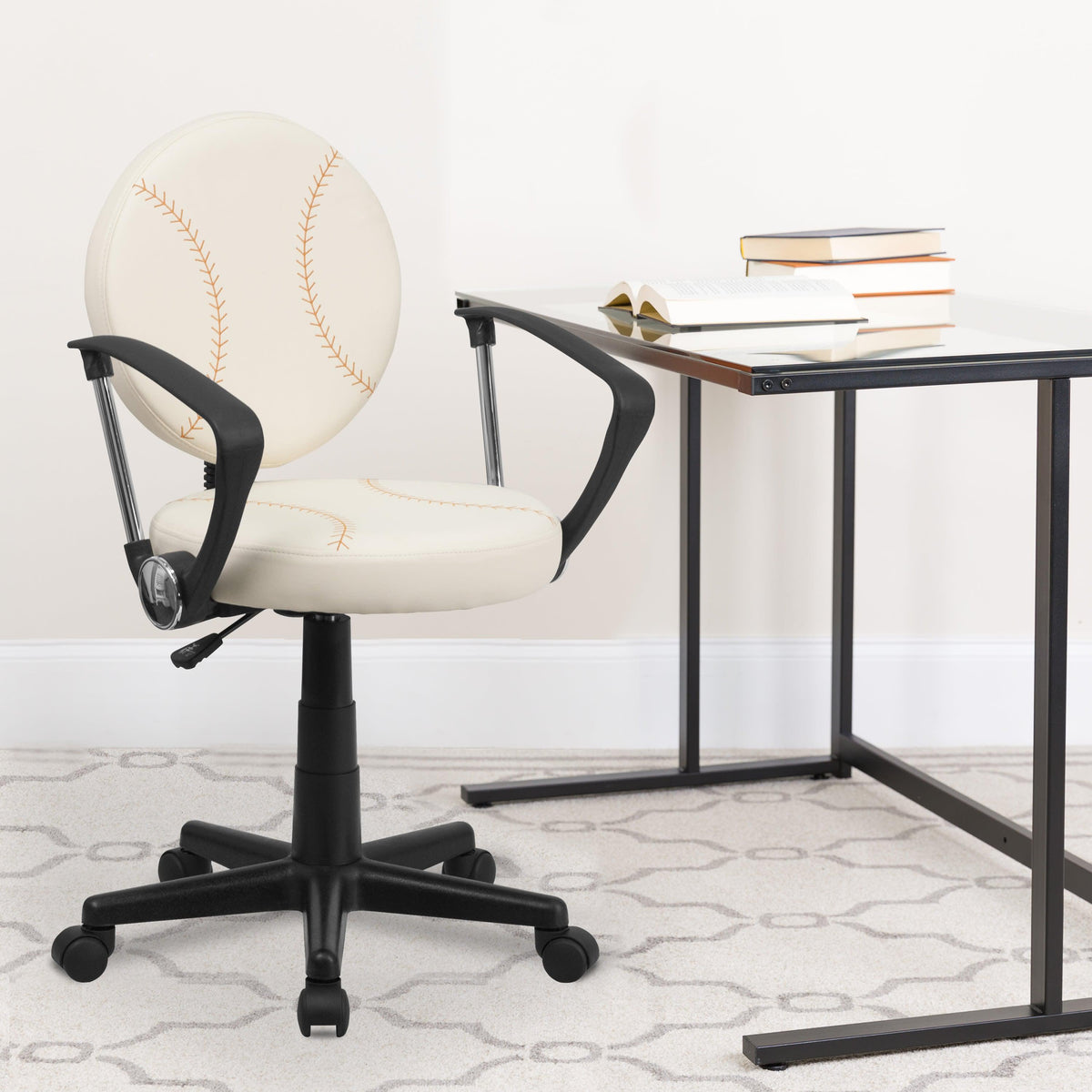 Brown and Cream |#| Baseball Vinyl Upholstered Swivel Task Chair with Arms and Adjustable Height