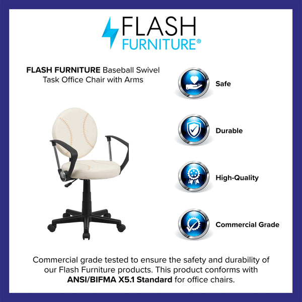 Brown and Cream |#| Baseball Vinyl Upholstered Swivel Task Chair with Arms and Adjustable Height