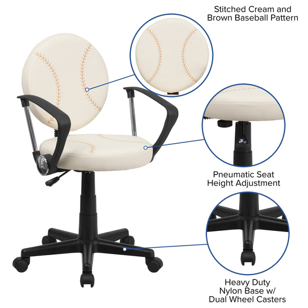 Brown and Cream |#| Baseball Vinyl Upholstered Swivel Task Chair with Arms and Adjustable Height