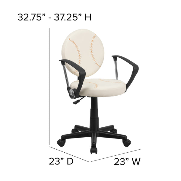 Brown and Cream |#| Baseball Vinyl Upholstered Swivel Task Chair with Arms and Adjustable Height