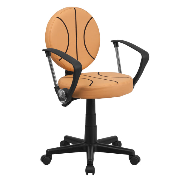 Black and Orange |#| Basketball Vinyl Upholstered Swivel Task Chair with Arms and Adjustable Height