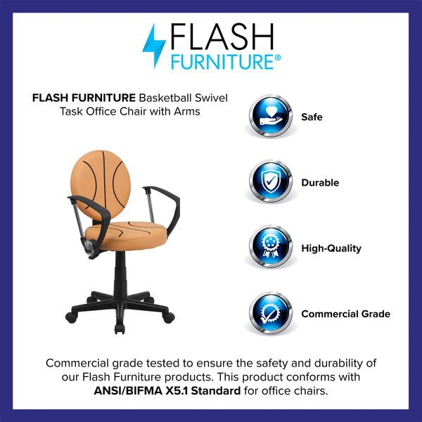 Black and Orange |#| Basketball Vinyl Upholstered Swivel Task Chair with Arms and Adjustable Height