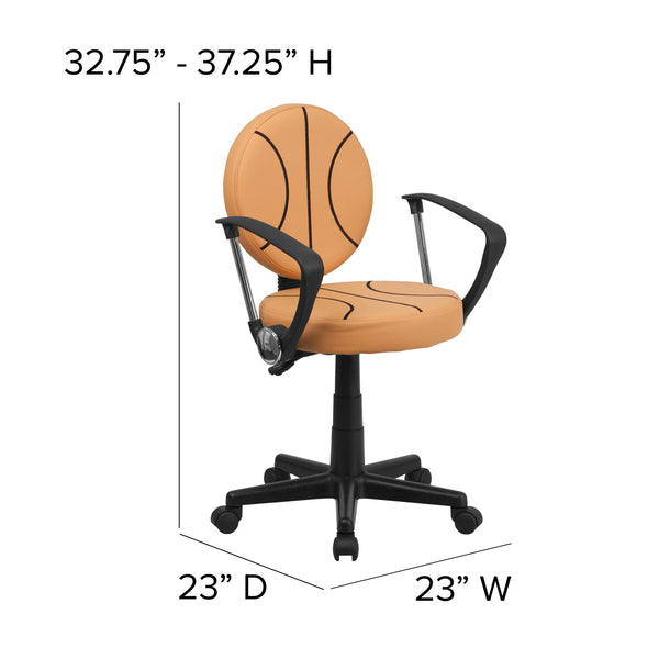 Black and Orange |#| Basketball Vinyl Upholstered Swivel Task Chair with Arms and Adjustable Height