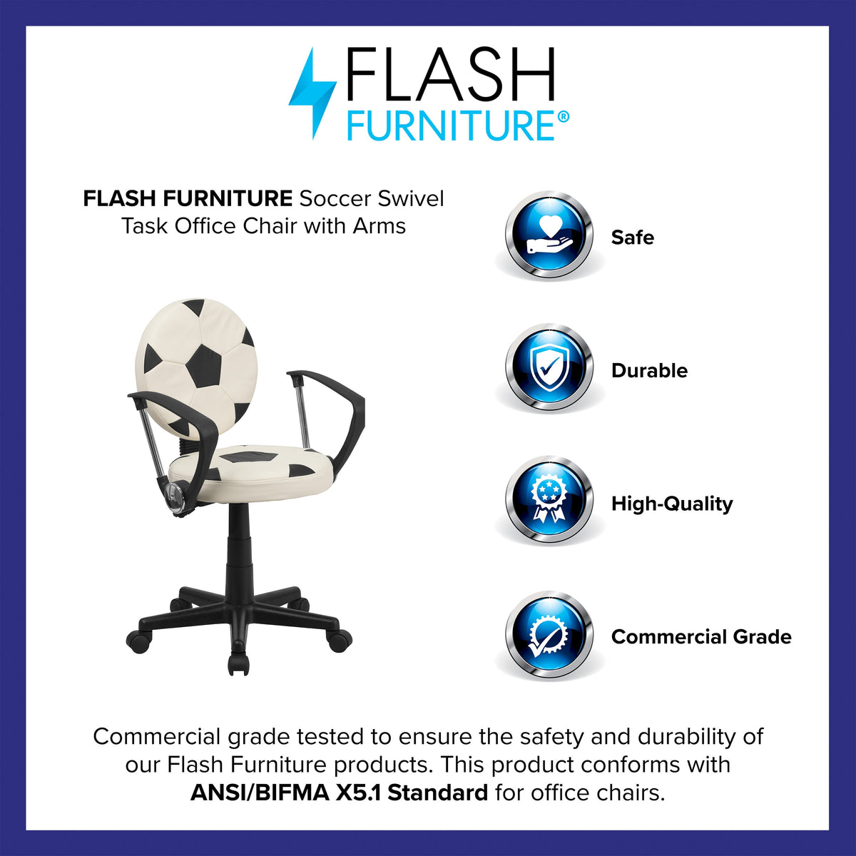 Black and White |#| Soccer Vinyl Upholstered Swivel Task Office Chair w/ Arms and Adjustable Height
