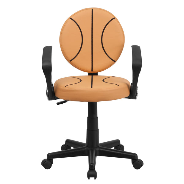Black and Orange |#| Basketball Vinyl Upholstered Swivel Task Chair with Arms and Adjustable Height