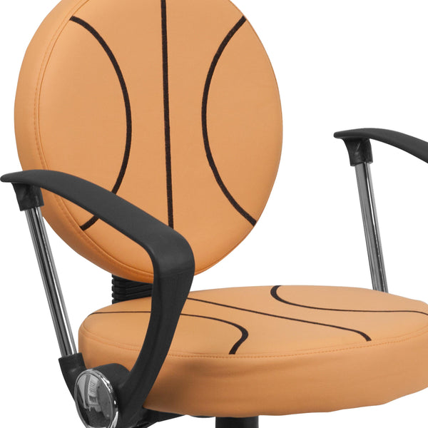 Black and Orange |#| Basketball Vinyl Upholstered Swivel Task Chair with Arms and Adjustable Height