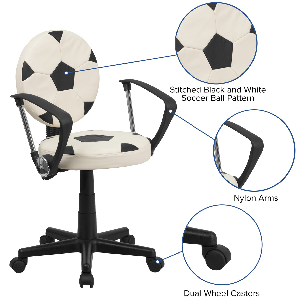 Black and White |#| Soccer Vinyl Upholstered Swivel Task Office Chair w/ Arms and Adjustable Height