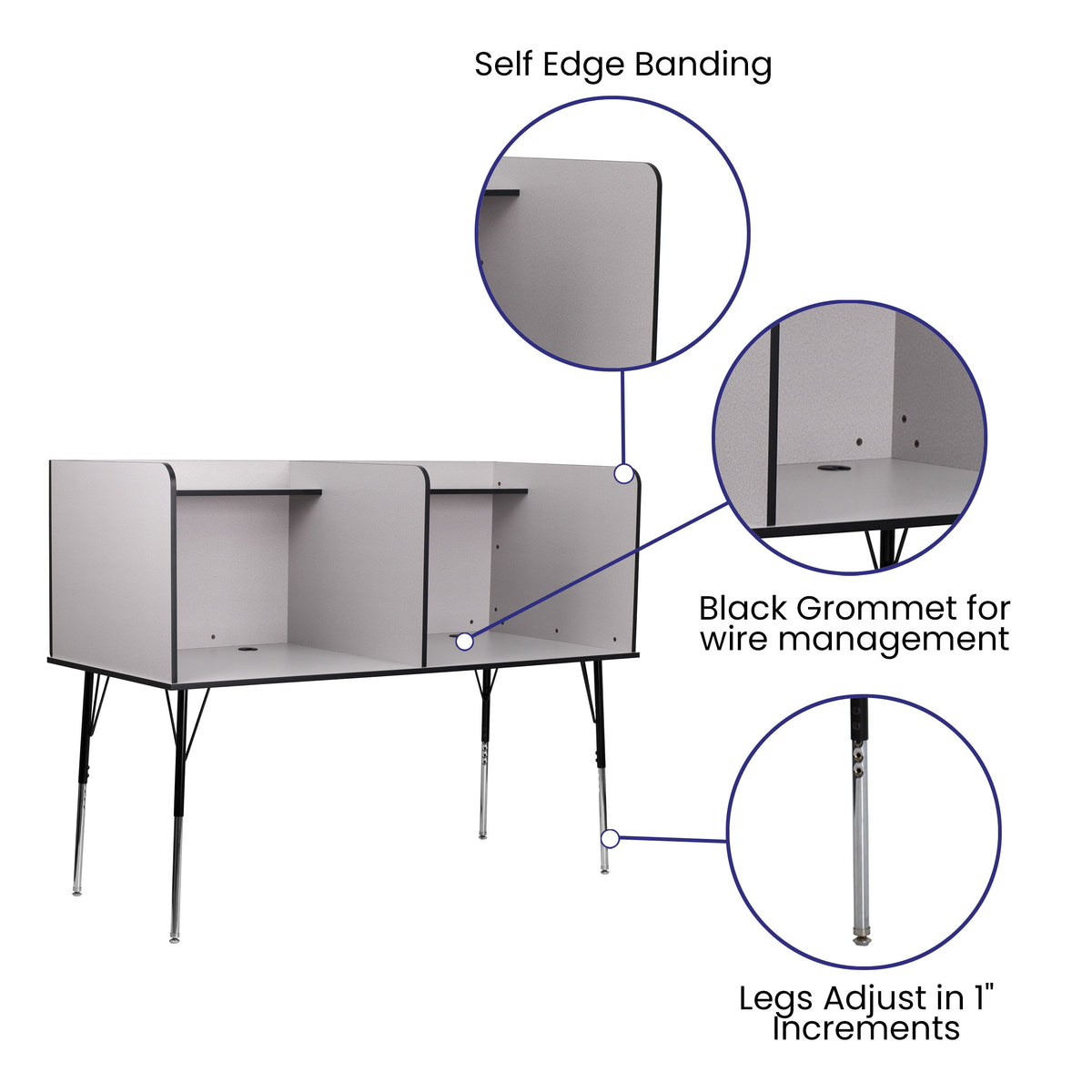 Nebula Grey |#| Stand-Alone Double Study Carrel with Height Adjustable Legs - Nebula Grey Finish