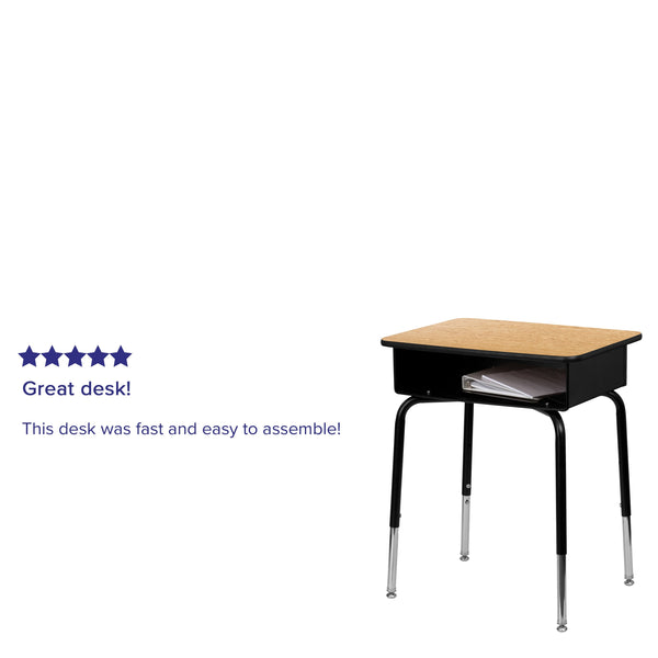 Natural Top/Black Frame |#| Natural Student Desk with Open Front Metal Book Box - School Desk