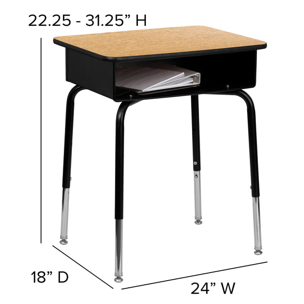 Natural Top/Black Frame |#| Natural Student Desk with Open Front Metal Book Box - School Desk