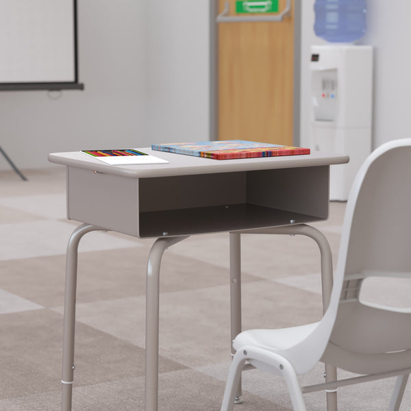 Gray Granite Top/Silver Frame |#| Student Desk with Gray Granite Desktop and Silver Open Front Metal Book Box