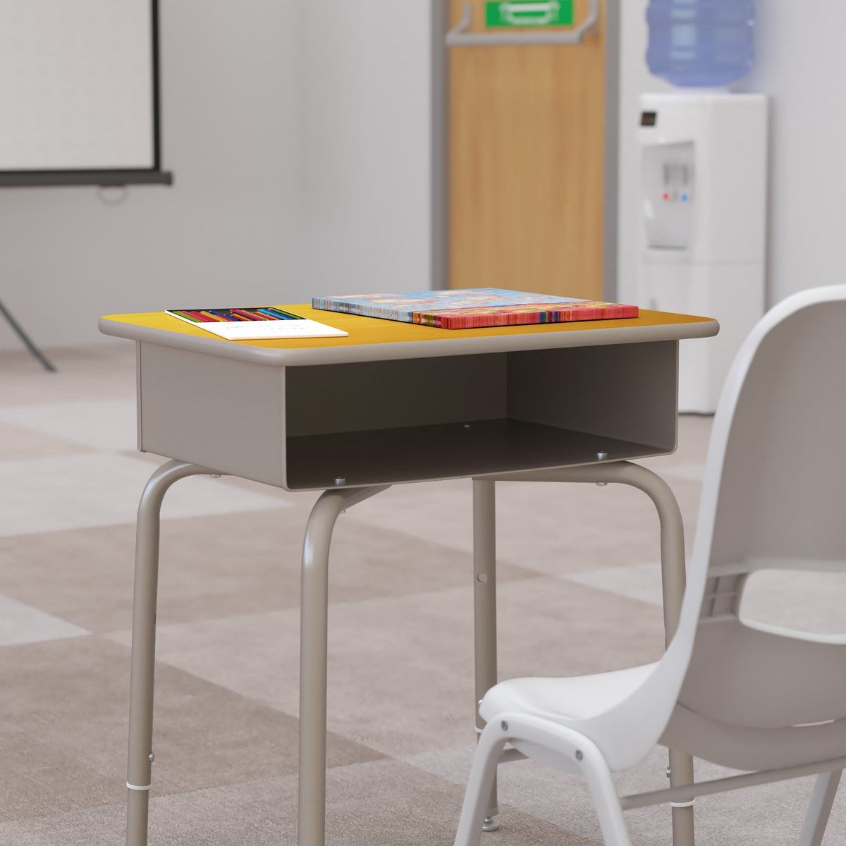 Maple Top/Silver Frame |#| Student Desk with Maple Desktop and Silver Open Front Metal Book Box