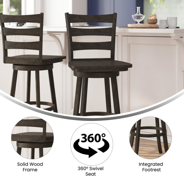 Gray Wash Walnut |#| Commercial Gray Wash Walnut Wood Ladderback Swivel Bar Stool with Footrest