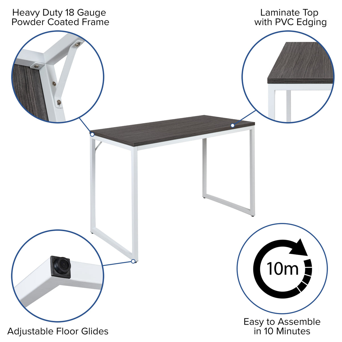 Rustic Gray Top/White Frame |#| Industrial Modern Desk-47inchL Commercial Grade Home Office Desk-Rustic Gray/White