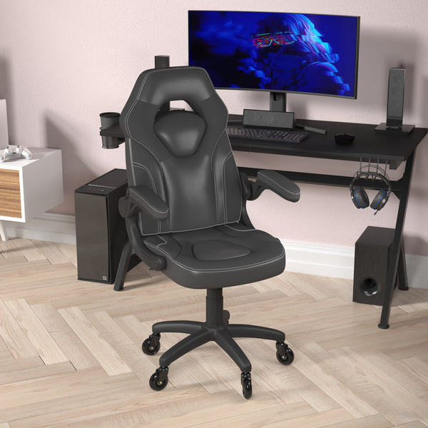 Black |#| Office Gaming Chair with Skater Wheels & Flip Up Arms - Black LeatherSoft