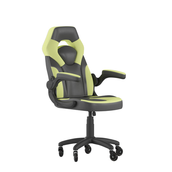 Neon Green |#| Office Gaming Chair with Skater Wheels & Flip Up Arms - Green LeatherSoft