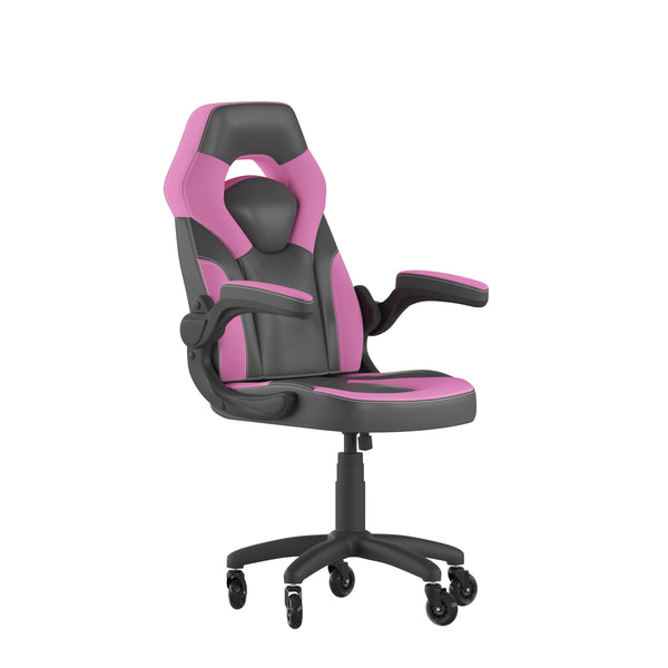 Pink |#| Office Gaming Chair with Skater Wheels & Flip Up Arms - Pink LeatherSoft