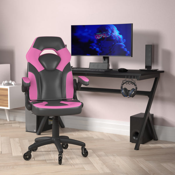 Pink |#| Office Gaming Chair with Skater Wheels & Flip Up Arms - Pink LeatherSoft