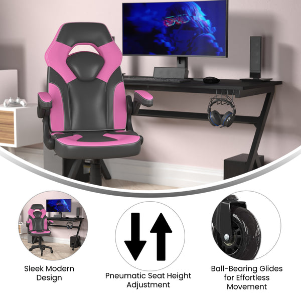 Pink |#| Office Gaming Chair with Skater Wheels & Flip Up Arms - Pink LeatherSoft