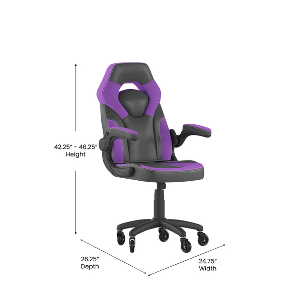 Purple |#| Office Gaming Chair with Skater Wheels & Flip Up Arms - Purple LeatherSoft