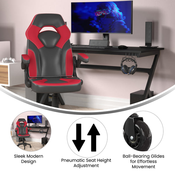 Red |#| Office Gaming Chair with Skater Wheels & Flip Up Arms - Red LeatherSoft